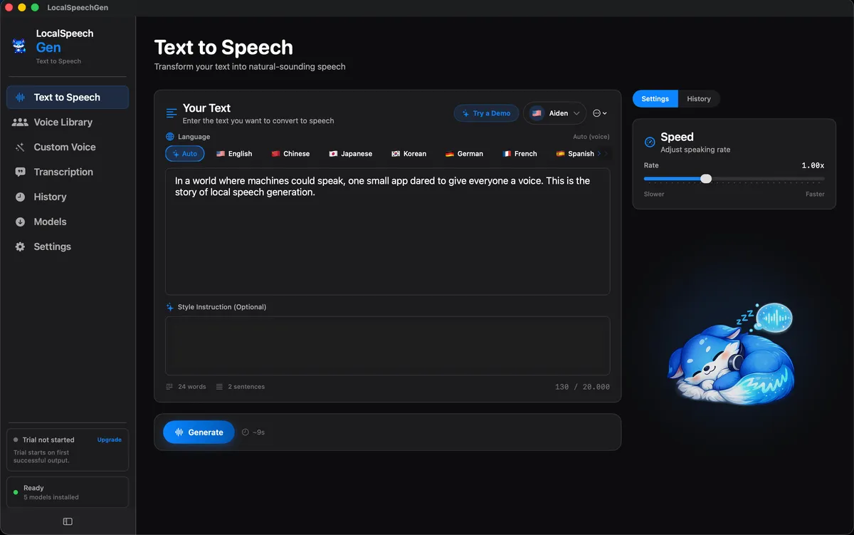 Text-to-speech workspace with voice controls in LocalSpeechGen
