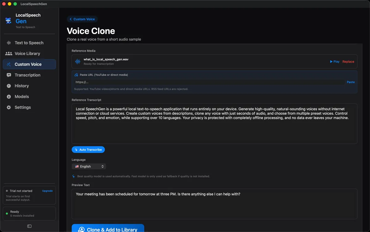 Voice cloning workflow and consent flow in LocalSpeechGen